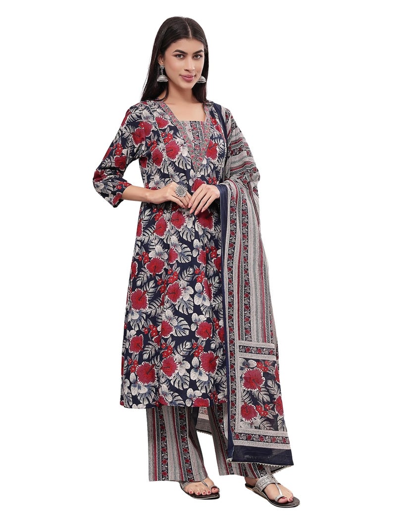 ZELENA Maternity Cotton Kurta Pant Set with Dupatta and Zip Feeding Access | A-Line Nursing Kurta with Pants & Pocket | Pregnancy & Postpartum Wear – Navy Blue - Image 1
