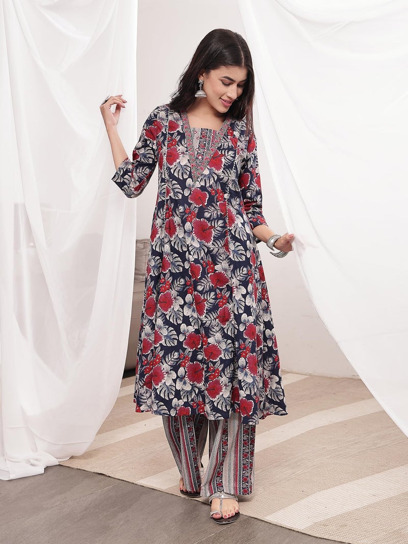 ZELENA Maternity Cotton Kurta Pant Set with Dupatta and Zip Feeding Access | A-Line Nursing Kurta with Pants & Pocket | Pregnancy & Postpartum Wear – Navy Blue - Image 4