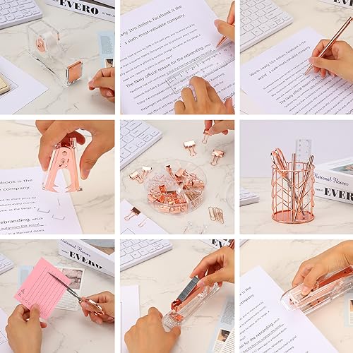 EOOUT Rose Gold Desk Accessories, Office Supplies and Accessories Set, Acrylic Stapler Set, Staple Remover, Phone Holder, Pen Holder, Scissor, Ruler, Transparent Tape - Image 5