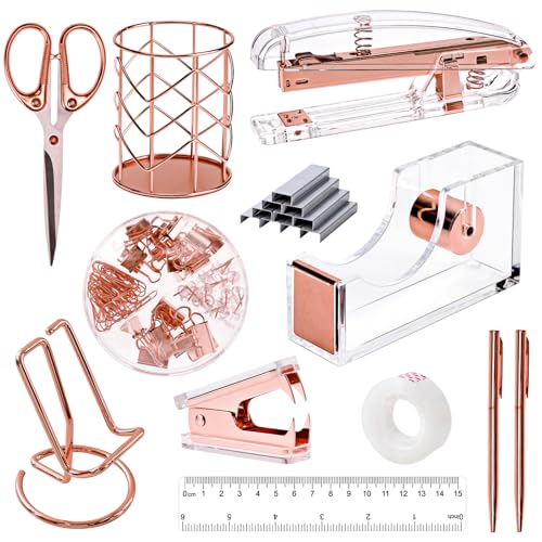 EOOUT Rose Gold Desk Accessories, Office Supplies and Accessories Set, Acrylic Stapler Set, Staple Remover, Phone Holder, Pen Holder, Scissor, Ruler, Transparent Tape - Image 1