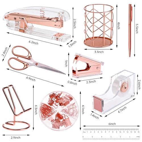 EOOUT Rose Gold Desk Accessories, Office Supplies and Accessories Set, Acrylic Stapler Set, Staple Remover, Phone Holder, Pen Holder, Scissor, Ruler, Transparent Tape - Image 2