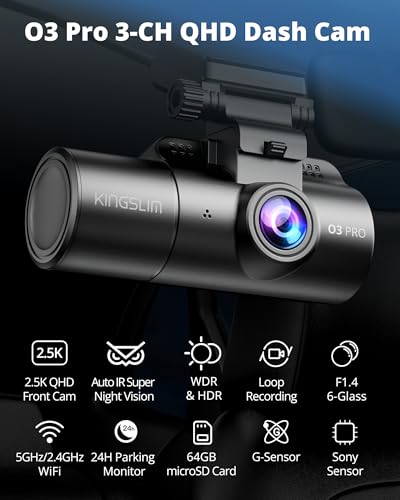 Kingslim 3 Channel Dash Cam Front and Rear Inside 25K Car Dash Camera with 64GB Card 5GHz WiFi Wireless Dashcam for Cars APP Control Super Night Vision HDR GSensor - Image 3