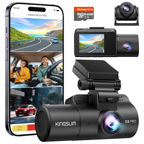 Kingslim 3 Channel Dash Cam Front and Rear Inside 25K Car Dash Camera with 64GB Card 5GHz WiFi Wireless Dashcam for Cars APP Control Super Night Vision HDR GSensor - Image 1
