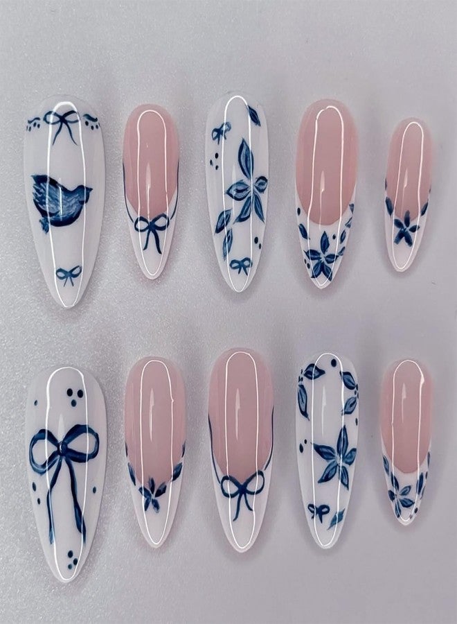 KRTBKR 24Pcs French Tip Press on Nails Medium Almond Fake Nails Blue Bow Flower Glossy Design Full Cover Reusable Artificial Nails White Pink Stick on Nails Handmade False Nails for Women Girls Acrylic Nail - Image 1