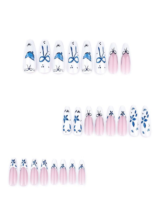 KRTBKR 24Pcs French Tip Press on Nails Medium Almond Fake Nails Blue Bow Flower Glossy Design Full Cover Reusable Artificial Nails White Pink Stick on Nails Handmade False Nails for Women Girls Acrylic Nail - Image 3