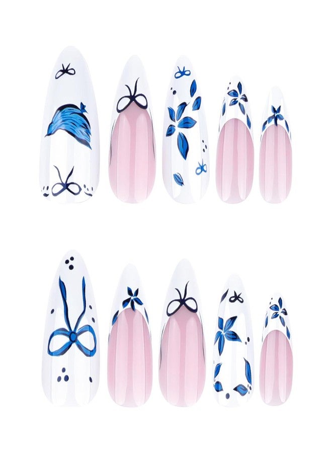KRTBKR 24Pcs French Tip Press on Nails Medium Almond Fake Nails Blue Bow Flower Glossy Design Full Cover Reusable Artificial Nails White Pink Stick on Nails Handmade False Nails for Women Girls Acrylic Nail - Image 5