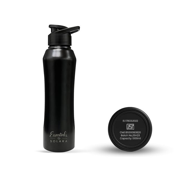 SOLARA Stainless Steel Water Bottle for adults 1 Litre (Pack of 1), Single walled, Steel water bottle 1 ltr, water bottle for school kids, Girls, Travel, Gym, Office, Black Knight - Image 1