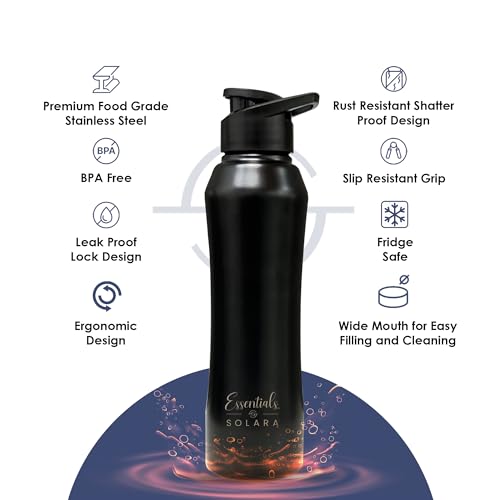 SOLARA Stainless Steel Water Bottle for adults 1 Litre (Pack of 1), Single walled, Steel water bottle 1 ltr, water bottle for school kids, Girls, Travel, Gym, Office, Black Knight - Image 2