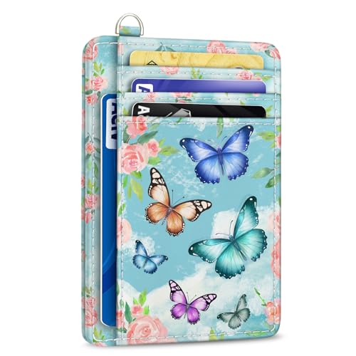 Yonlevres Credit Card Holder Slim Wallet, Butterfly RFID Wallet Women Front Pocket Small Card Holder, Travel Cute Funny Thin Card Case ID Window PU Leather RFID Blocking Card Organizer Gifts Girls - Image 1