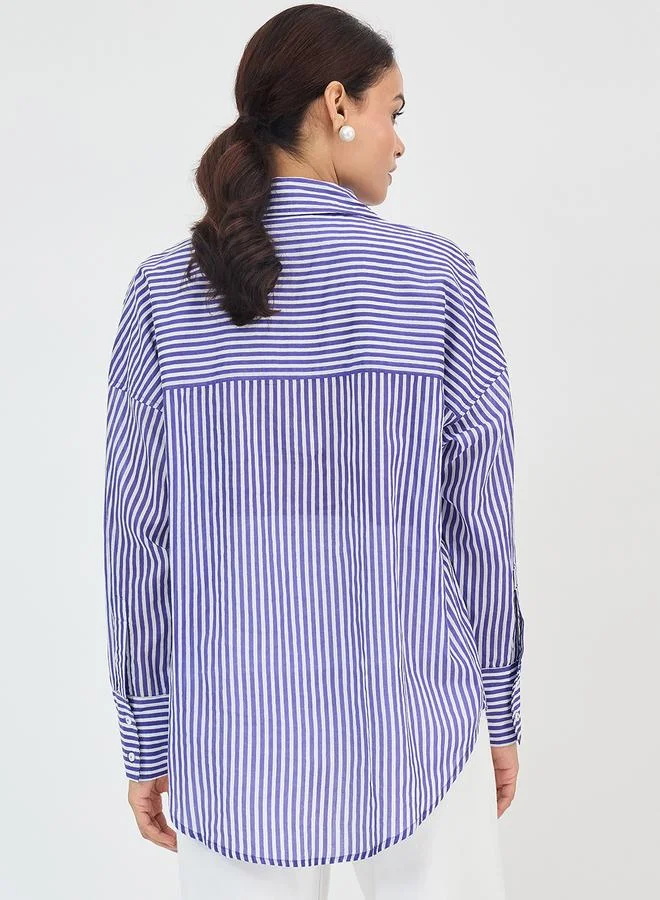 فيميلا بلوزة واسعة قطن مخططة بأزرار غلق