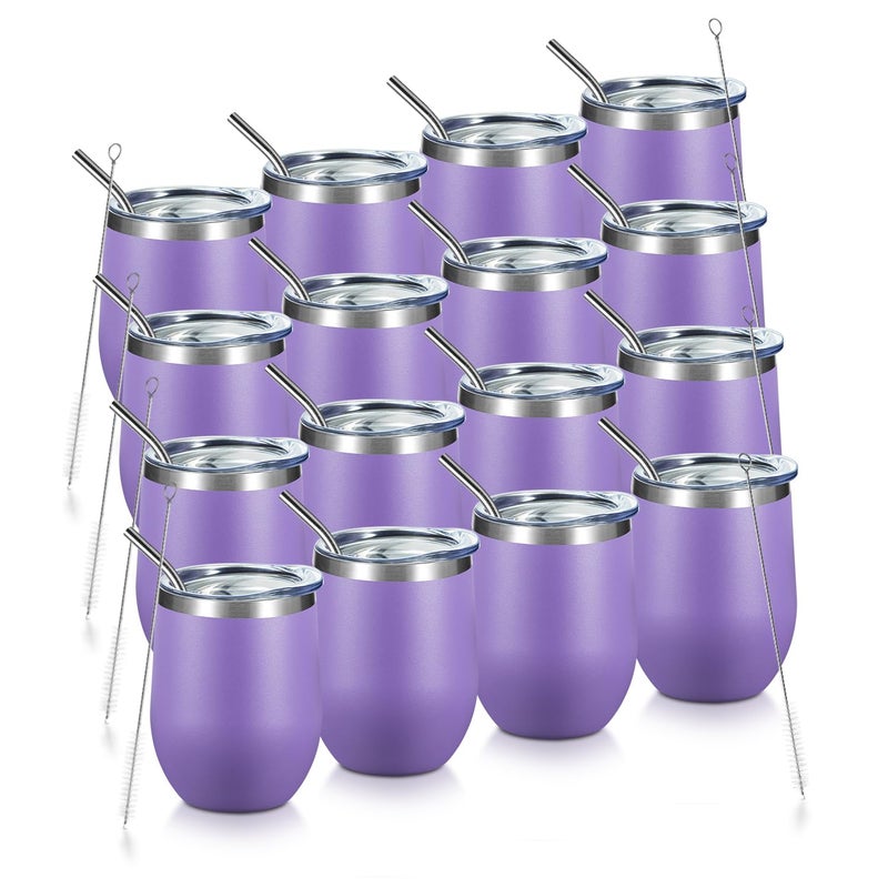 COMOOO Stainless Steel Wine Tumbler Glass Bulk with Lid and Straw 12oz Double Wall Vacuum Insulated Travel Tumbler Cup Stemless for Coffee Wine Cocktails Ice Cream CupPurple 16 pack
