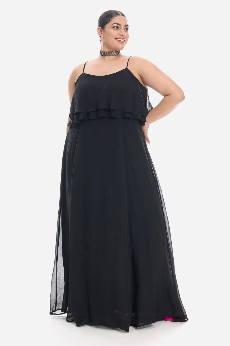 Virgio Solid Viscose Strappy Ruffle Flared Plus Size Dress for Women
