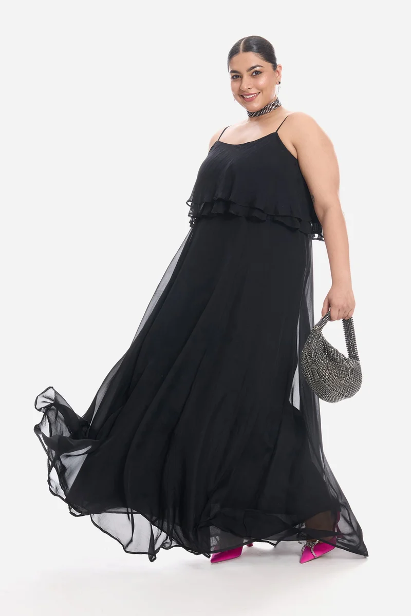 Virgio Solid Viscose Strappy Ruffle Flared Plus Size Dress for Women