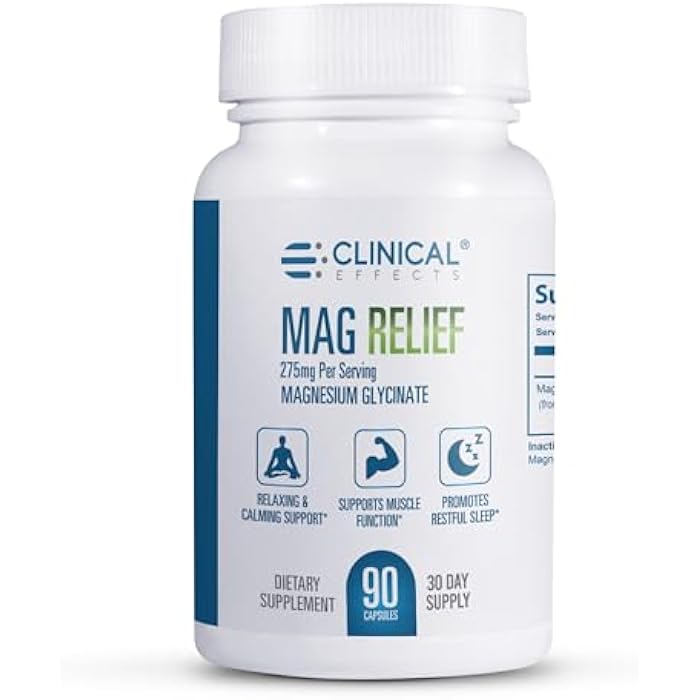 Clinical Effects Mag Relief Magnesium Supplement - 275mg Pure Magnesium Glycinate Capsules - 90 Magnesium Capsules - Quality Magnesium for Cramp Defense, Bone, Muscle and Nerve Support - USA Made - Image 1