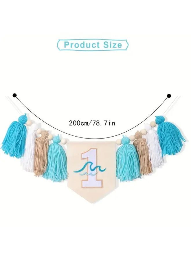 أزرق بني أبيض موضوع ركوب الأمواج لافتة حفلة عيد الميلاد الأول إكليل من قماش أمواج المحيط شرابات ديكور الغرفة احتفال عطلة - Image 4