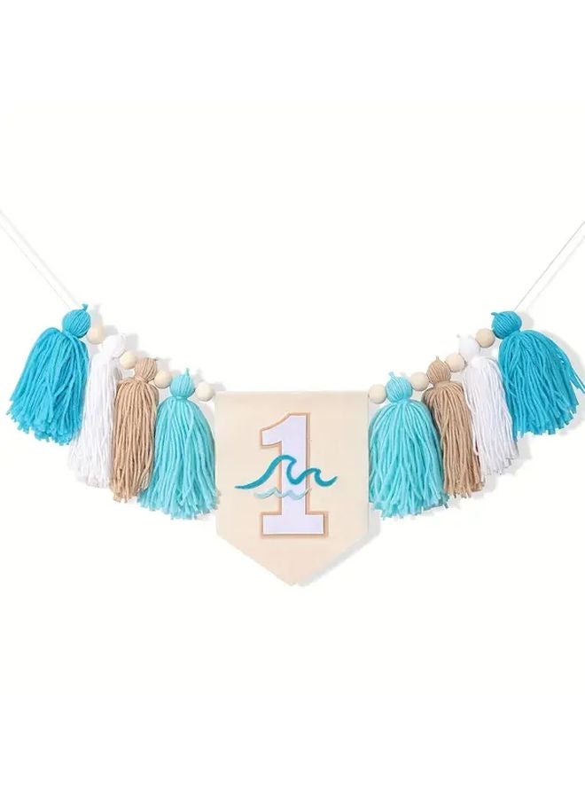 أزرق بني أبيض موضوع ركوب الأمواج لافتة حفلة عيد الميلاد الأول إكليل من قماش أمواج المحيط شرابات ديكور الغرفة احتفال عطلة - Image 1