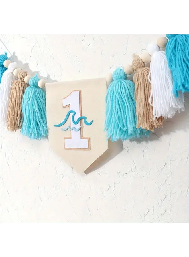 أزرق بني أبيض موضوع ركوب الأمواج لافتة حفلة عيد الميلاد الأول إكليل من قماش أمواج المحيط شرابات ديكور الغرفة احتفال عطلة - Image 2