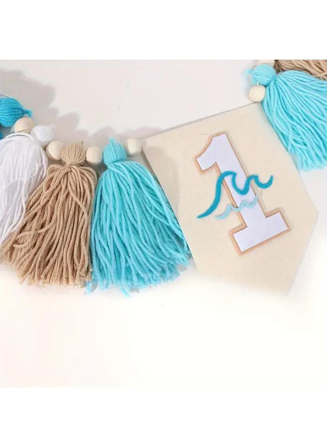 أزرق بني أبيض موضوع ركوب الأمواج لافتة حفلة عيد الميلاد الأول إكليل من قماش أمواج المحيط شرابات ديكور الغرفة احتفال عطلة - Image 5