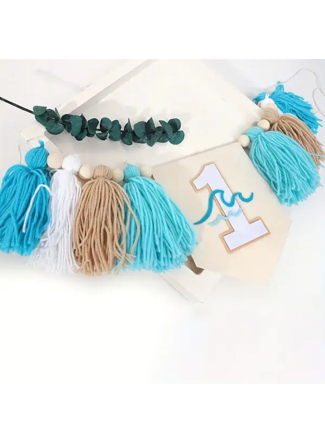 أزرق بني أبيض موضوع ركوب الأمواج لافتة حفلة عيد الميلاد الأول إكليل من قماش أمواج المحيط شرابات ديكور الغرفة احتفال عطلة - Image 3