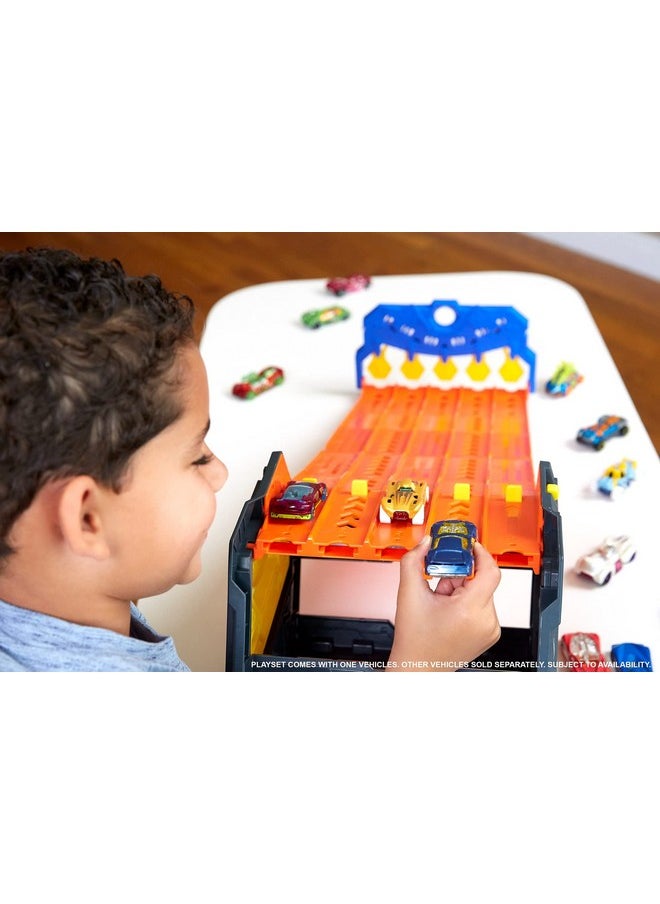 Hot Wheels - Roll Out Raceway Track Set Storage Bucket Unrolls Into 5Lane Racetrack For Multicar Play Connects To Other Sets With 1 1:64 Car For Kids 4 Years & Up - Image 1