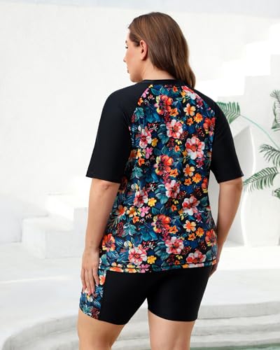 Halcurt Women Two Piece Plus Size Swim Tops with Bra Boy Shorts Built in Bra Rash Guard Suit Short Sleeve Floral 1X - Image 2