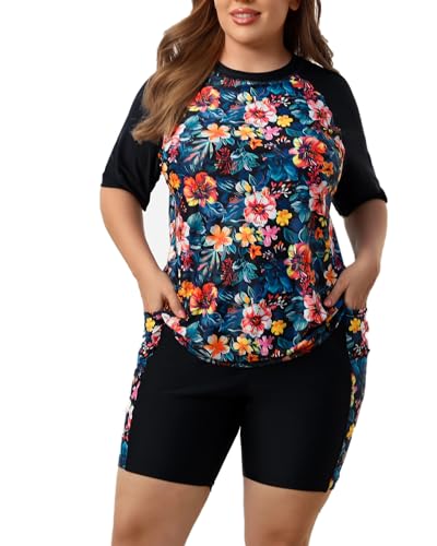 Halcurt Women Two Piece Plus Size Swim Tops with Bra Boy Shorts Built in Bra Rash Guard Suit Short Sleeve Floral 1X - Image 1