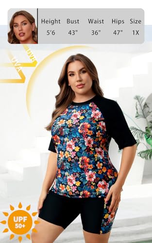 Halcurt Women Two Piece Plus Size Swim Tops with Bra Boy Shorts Built in Bra Rash Guard Suit Short Sleeve Floral 1X - Image 4
