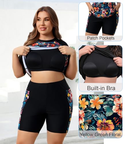 Halcurt Women Two Piece Plus Size Swim Tops with Bra Boy Shorts Built in Bra Rash Guard Suit Short Sleeve Floral 1X - Image 5
