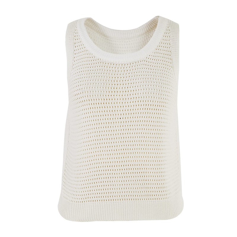 FISACE Womens Summer Knit Sweater Tank Tops Round Neck Crochet Hollow Out Sleeveless Casual Crop Shirt White - Image 4