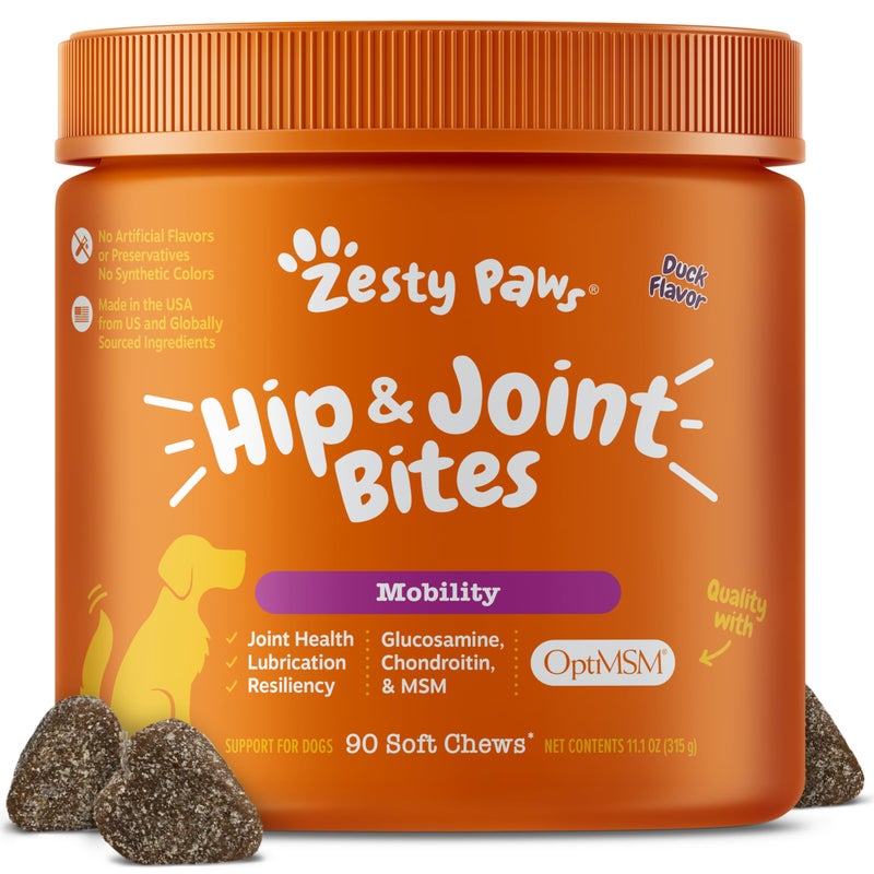 Zesty Paws Hip and Joint Supplement for Dogs - Glucosamine with Chondroitin, MSM, Vitamins C and E Dog Joint Relief - Mobility Bites Duck â€“ 90 Count - Image 1