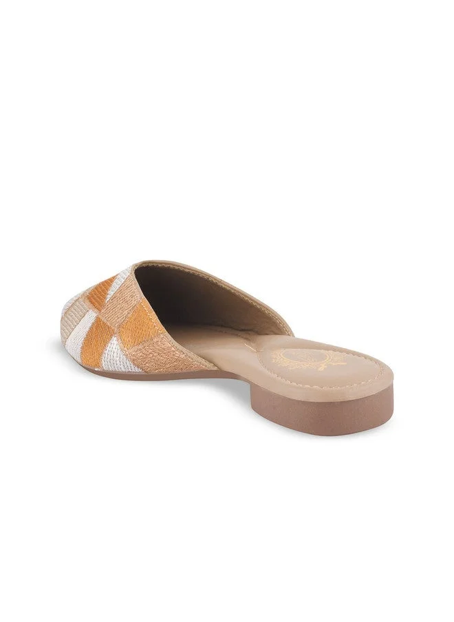 شوتوبيا Women's Ethnic Slip-On Mules Embroide Flat Shoes with Low Heel – Stylish & Comfortable Casual Footwear Orange