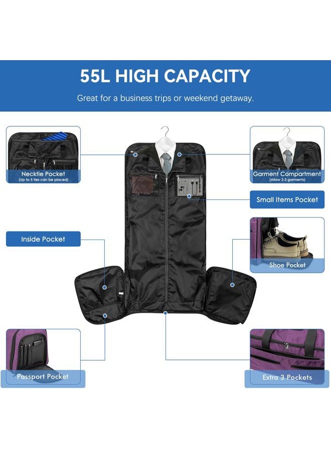 Bukere Business Travel Clothes Carrying Bag, Convertible Travel Bag with Shoe Compartment, Water Resistant, 2 in 1 Weekend Suit Bag for Men and, Purple, L, Garment Bag for Travel - Image 3