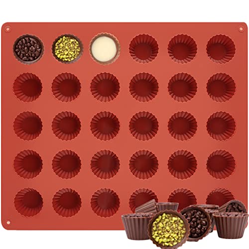 JOERSH 30-Cavity Mini Peanut Butter Cup Mold Silicone Candy Mold Bite Size for Keto Fat Bomb, Dark Chocolate - Image 1