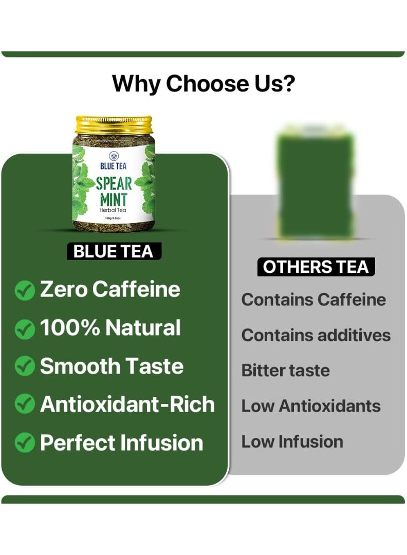BLUE TEA - Spearmint Tea - 100 gm -100 Cups | Pcos Relief | Balances Hormones, Reduces Facial Hair & Acne and Supports Digestion | Herbal Tea - Dried Loose Leaf - Caffeine Free | Reusable Pet Jar - Image 3