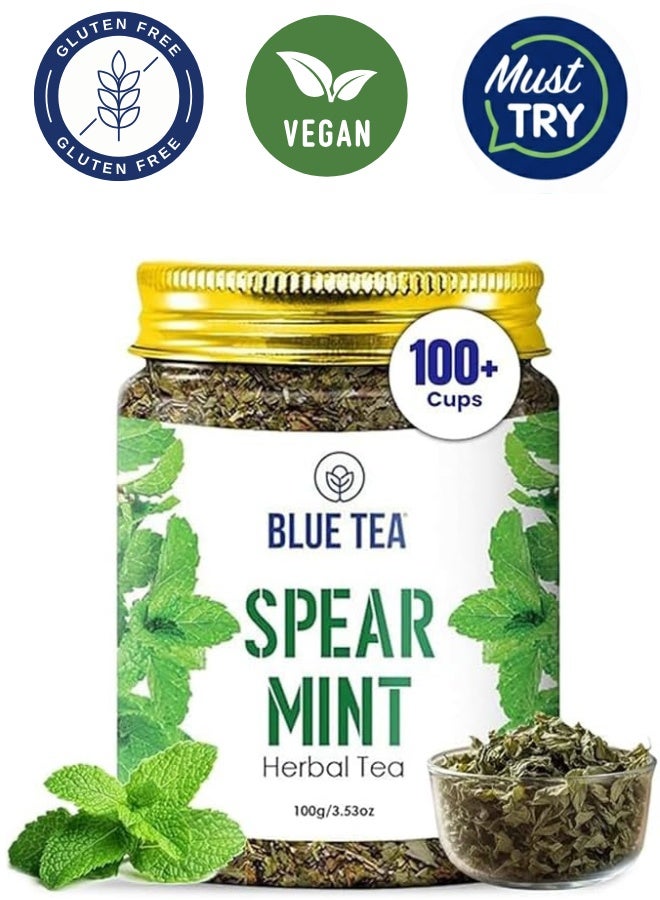 BLUE TEA - Spearmint Tea - 100 gm -100 Cups | Pcos Relief | Balances Hormones, Reduces Facial Hair & Acne and Supports Digestion | Herbal Tea - Dried Loose Leaf - Caffeine Free | Reusable Pet Jar - Image 1