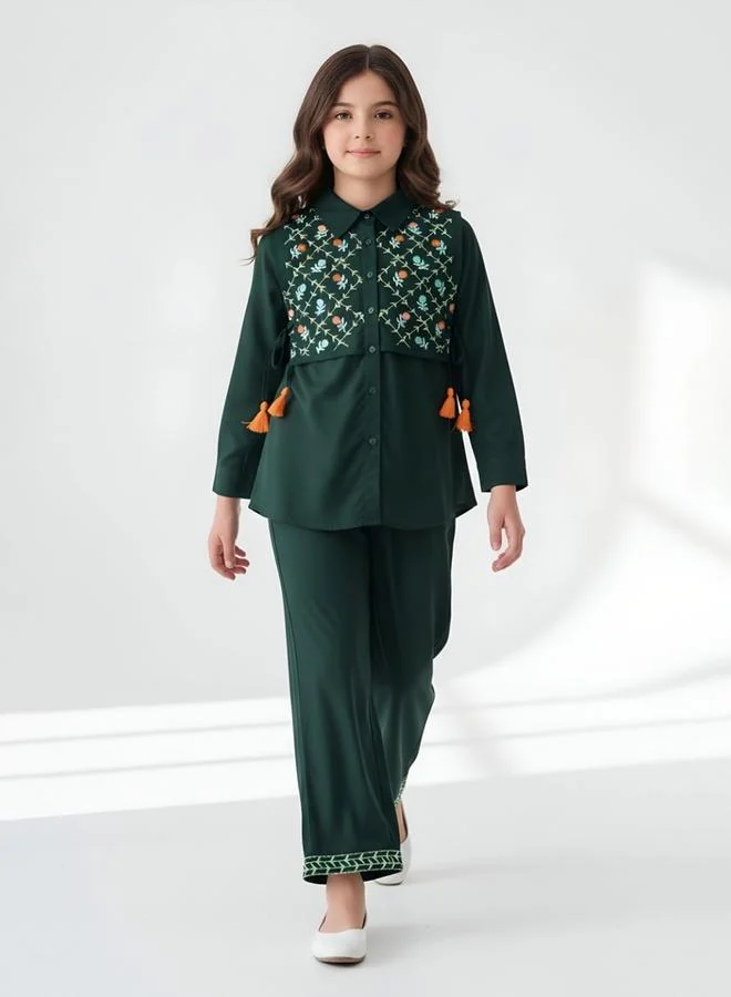 بيلا مودا Girls Dark Green Embroidered Tassel Details Shirt And Trousers Set