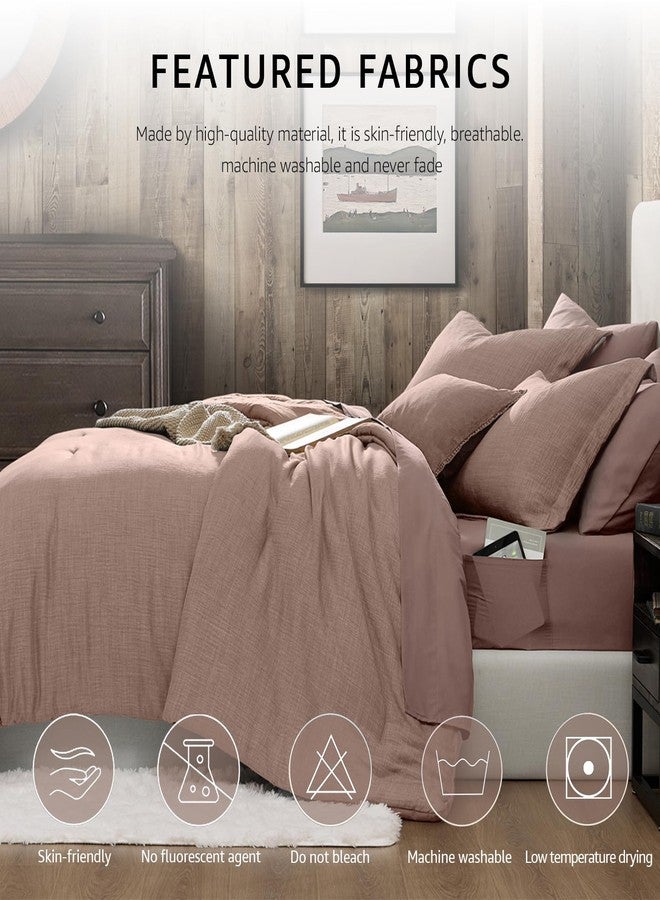 Geniospin Full Comforter Set - 7 Pieces Comforter Full Size, Solid Bedding Sets for All Season, Textured Bed in a Bag with Sheets, Pillowcases and Shams (Misty Rose, 80''x90'') - Image 3