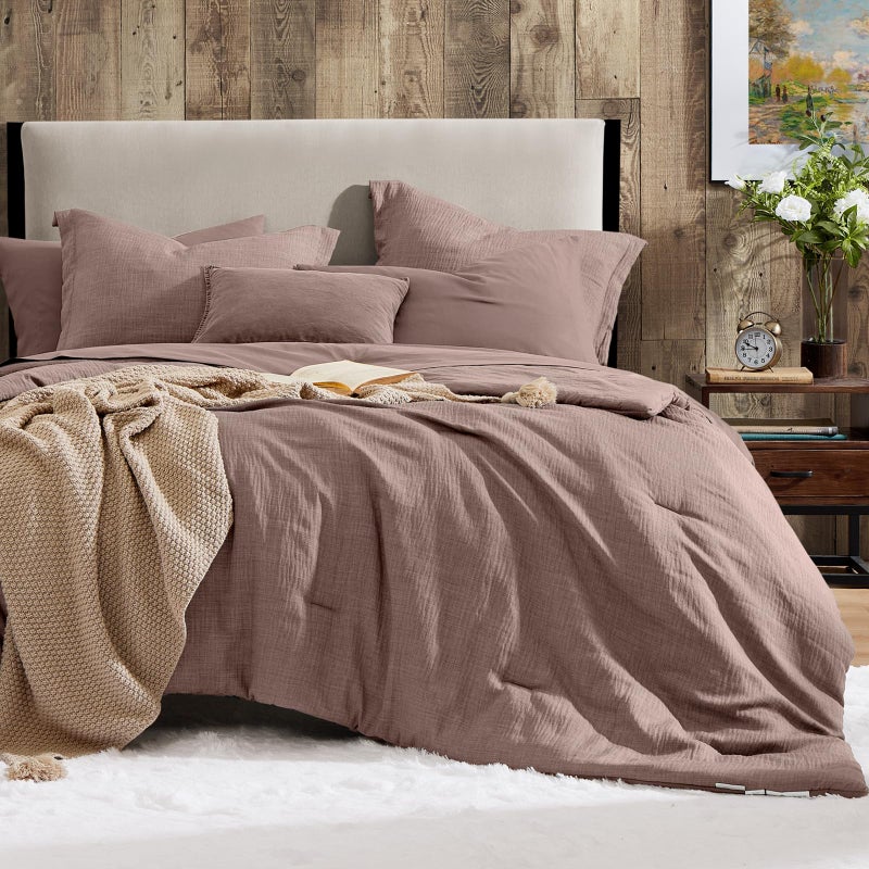 Geniospin Full Comforter Set - 7 Pieces Comforter Full Size, Solid Bedding Sets for All Season, Textured Bed in a Bag with Sheets, Pillowcases and Shams (Misty Rose, 80''x90'') - Image 1