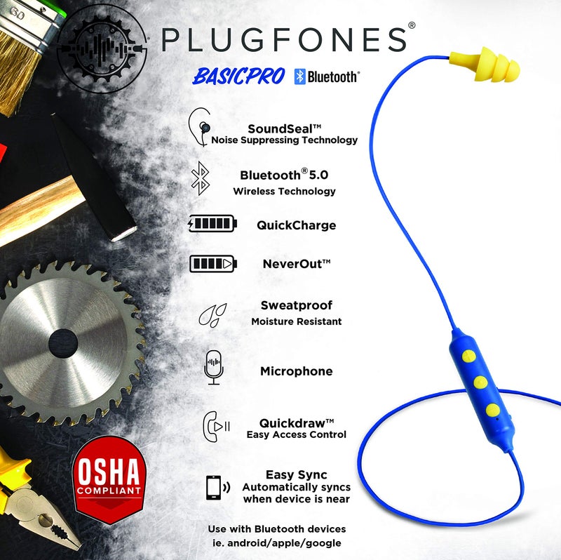Plugfones سماعات أذن بلوتوث Plugfones Basic Pro اللاسلكية مع سدادات أذن وتقنية عزل الضوضاء 25 ديسيبل مع ميكروفون وعناصر تحكم (أزرق وأصفر) - Image 3