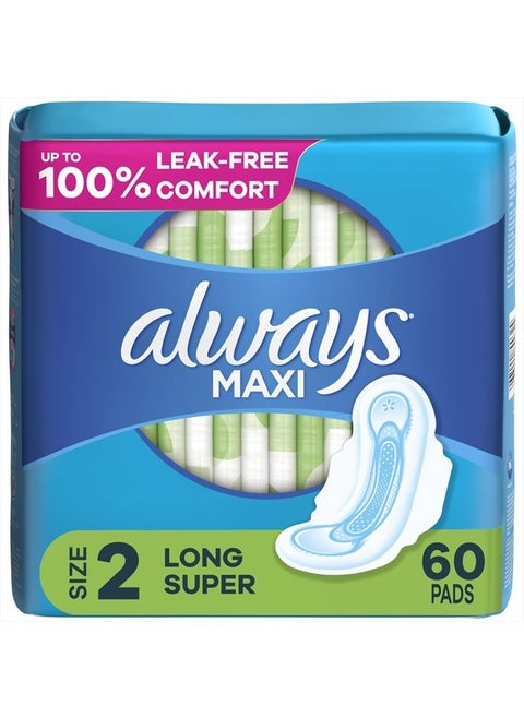 Maxi Feminine Pads For Women, Size 2 Long Super Absorbency, With Wings, Unscented, 60 Count (Pack of 1)