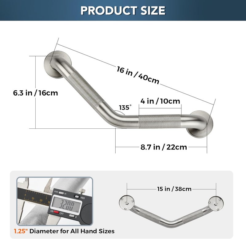 JOY DECOR Grab Bars for Bathtubs and Showers- 1-1/4 x 16 Angled Shower Grab Bar for Seniors Knurled Stainless Steel Handicap Grab Bars for Wall (Brushed Nickel, 2 Pack) - Image 2