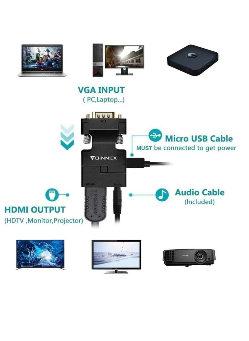 Generic - Phoenix VGA to HDMI Adapter with 1080P Audio Output Source for PC TV/Monitor Active Male Female Video Input Connector for Laptop, Computer and Projector Number of Ports: 4 - Image 1