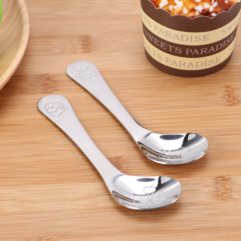 2 Pcs 304Stainless Steel Elbow Training Spoon Cartoon Pattern Baby Practice Tune(Cat Patterned x 1 + Dog Patterned x 1, ) - Image 3
