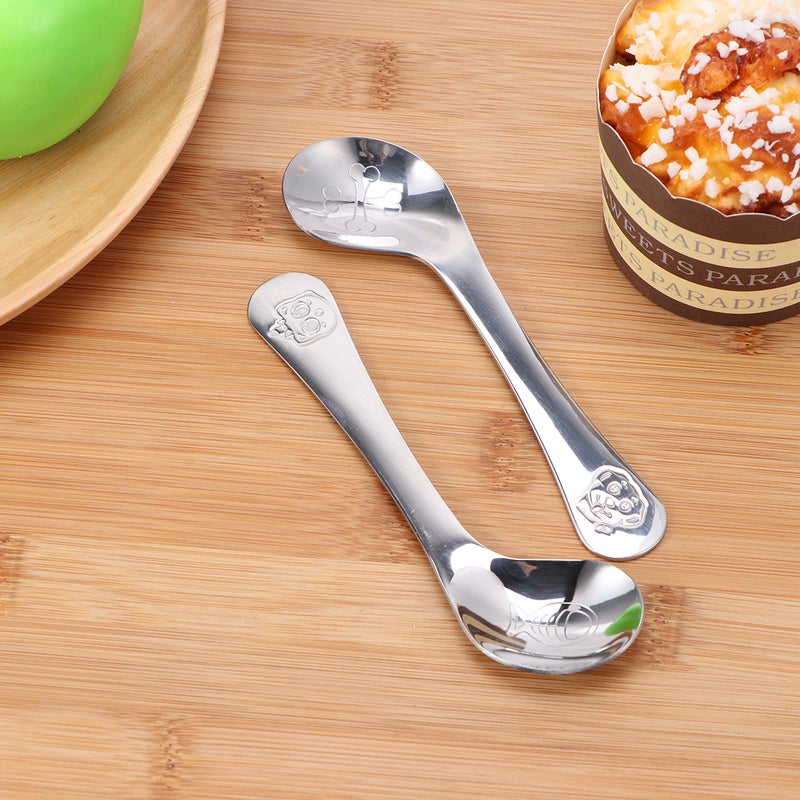 2 Pcs 304Stainless Steel Elbow Training Spoon Cartoon Pattern Baby Practice Tune(Cat Patterned x 1 + Dog Patterned x 1, ) - Image 1