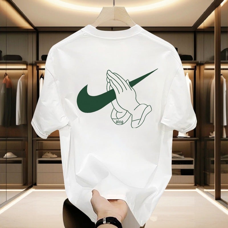 2024 New Cotton Casual Tee Mens Summer Loose Print Shirt [long staple cotton 230 grams] white 