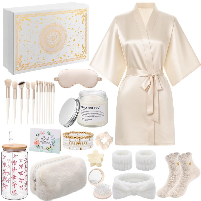 Shyyween 15 Pcs Birthday Gifts for Women Robe Sets for Women Spa Basket Set Graduation Gifts Bath Robe Make up Brushes Scented Candle Fluffy Socks Coffee Cup for Mom Nurse Girlfriend Wife(Champagne) - Image 1
