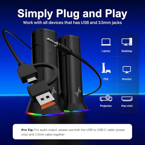 Nylavee Computer Speakers – Hi-Fi Stereo PC Speakers with 9 LED Lighting Modes, Enhanced Bass and Sound, USB/Type-C Powered and 3.5mm Audio Wired Desktop Speakers for PC, Laptop, Monitor, MacBook - Image 5
