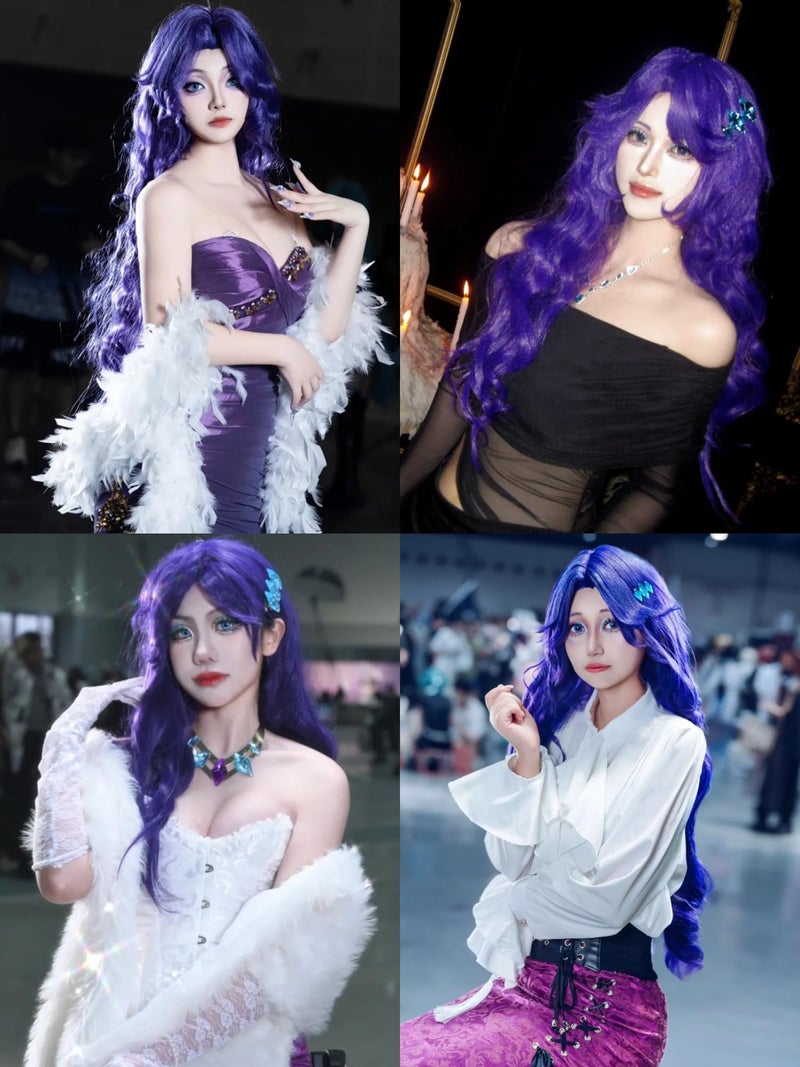 Half and Half Long Curly Purple Pony Costume Wig With Bangs 35'' Dark Purple Anime Cosplay Wigs For Women Halloween Party Daily - Image 3