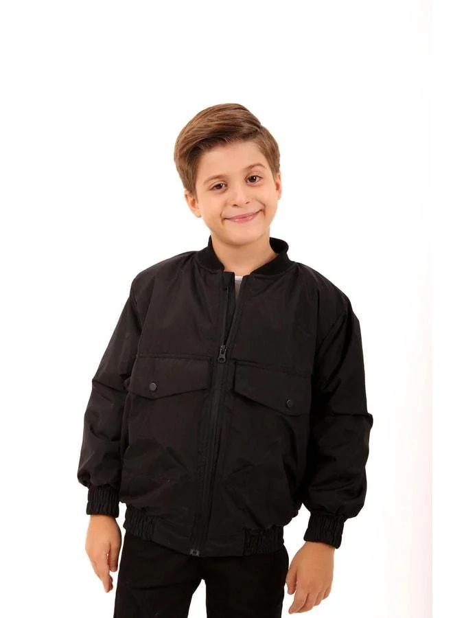 Perendi Wide Pocket Detailed Boys' Bomber Jacket Black.