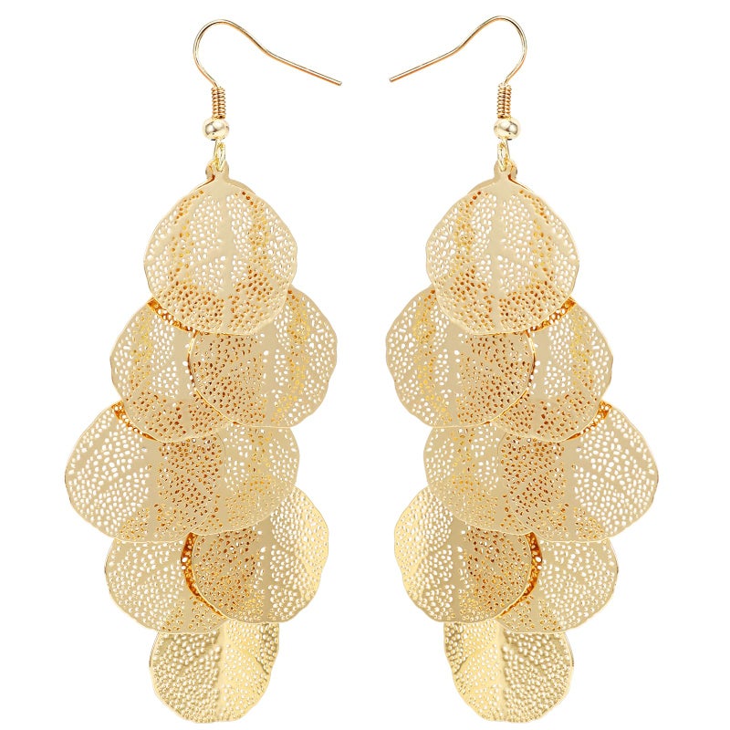 Jojomina Boho Gold Dangle Earrings for Women Trendy Long Drop Chandelier Bohemian Fligree Leaf Earrings Dangling Lightweight Hyopallergenic for Women - Image 1